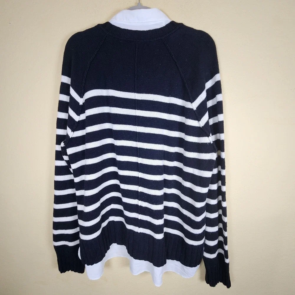 Polo Ralph Lauren blue white striped Sweater Preppy tunic inside out seam collar
